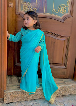 Stitched Serene Blue Chiffon Sarees for Little Stars - Lil' Ethnic Elegance