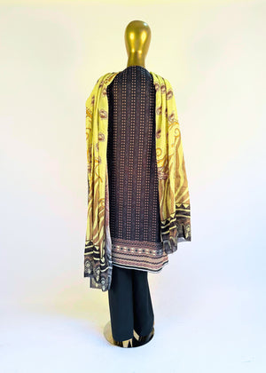 Dark Grey Printed Lawn 3pc Suit - Khola Farhan Design house
