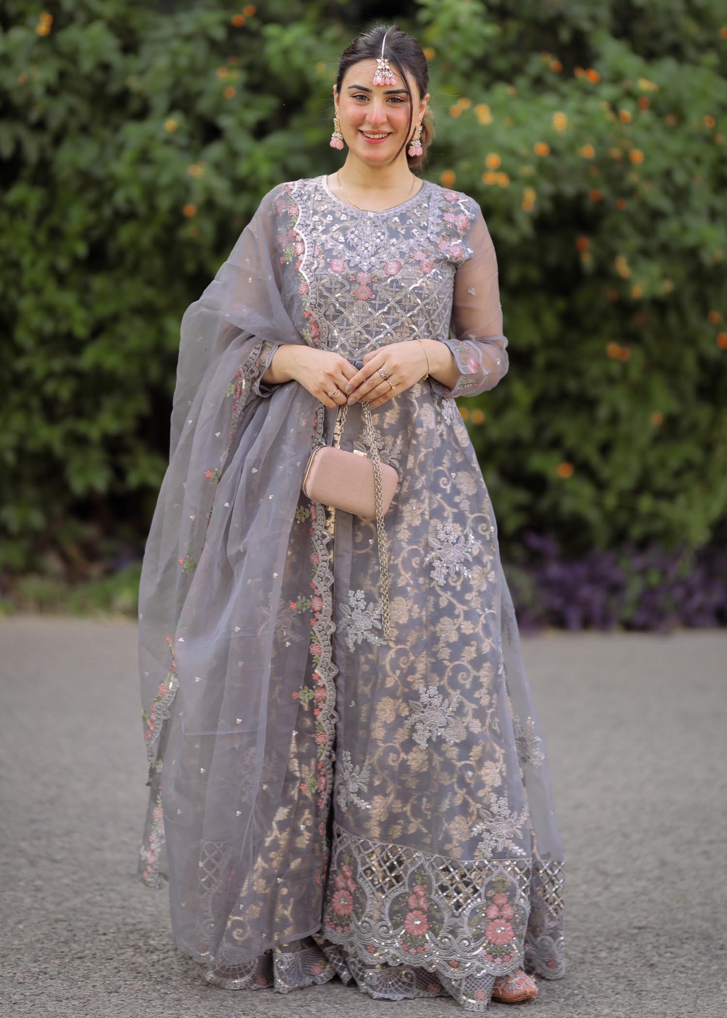 Designer Walima Long Maxi in Gray Color – Nameera by Farooq