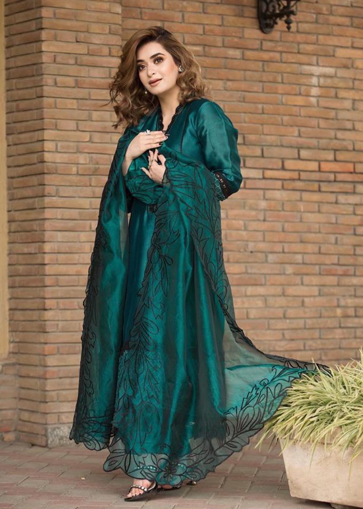 Dark Green with Maroon Color Party Wear Designer Gown