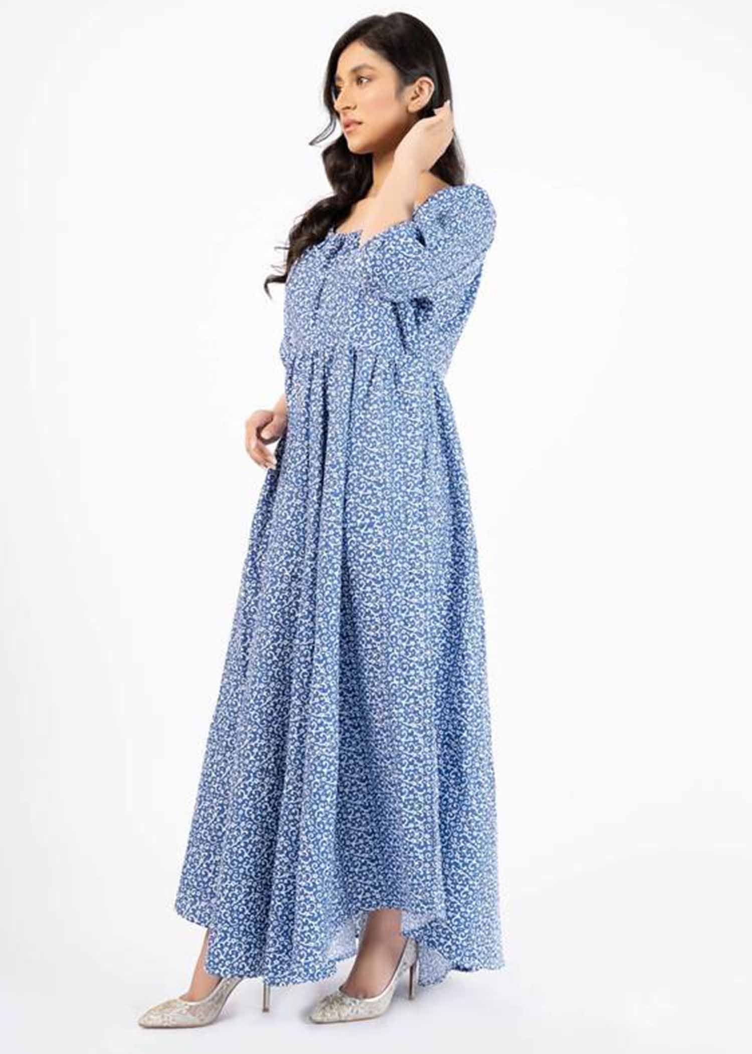 Puff Sleeve Pleated Maxi Dress Blue White Floral - Laam