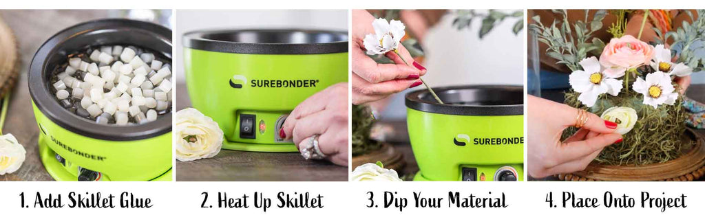 Banner image of how to use the Surebonder hot glue skillet, add skillet glue, adjust heat, dip your materials, put onto project.