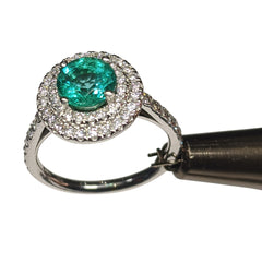 1.04ct Emerald and Diamond Double Halo Ring set in 18k White Gold