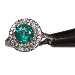 1.04ct Emerald and Diamond Double Halo Ring set in 18k White Gold