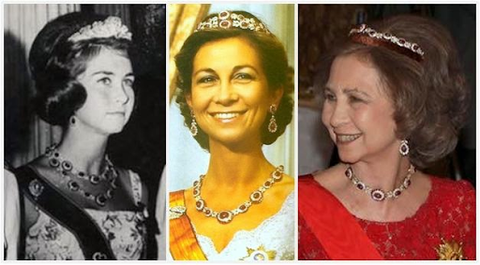 Queen Sofia of Spain seen wearing different arrangements of the Niarchos Rubies; from left to right, the Niarchos Rubies as a two layered necklace with earrings, the Niarchos Rubies as a necklace, and two layered tiara with earrings, and the Niarchos Rubies as a necklace with one layered tiara and earrings