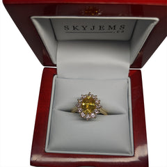 3ct Yellow Sapphire Princess Diana Style Halo Ring set with 1.20cts Diamonds in 18k White Gold custom designed and manufactured by David Saad of Skyjems.ca