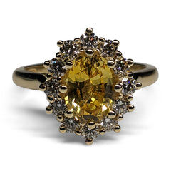 3ct Yellow Sapphire Princess Diana Style Halo Ring set with 1.20cts Diamonds in 18k White Gold custom designed and manufactured by David Saad of Skyjems.ca