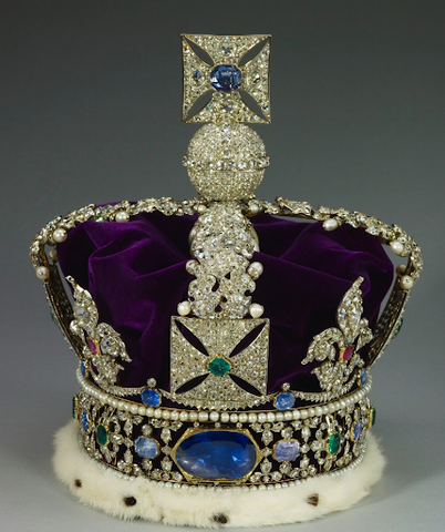 The current version of the Imperial State Crown of Britain, featuring the Stuart Sapphire at the rear of its circlet, and St. Edward’s Sapphire in the center of the Maltese cross at its peak