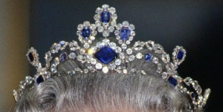 The Belgian Sapphire Tiara on the head of Queen Elizabeth II