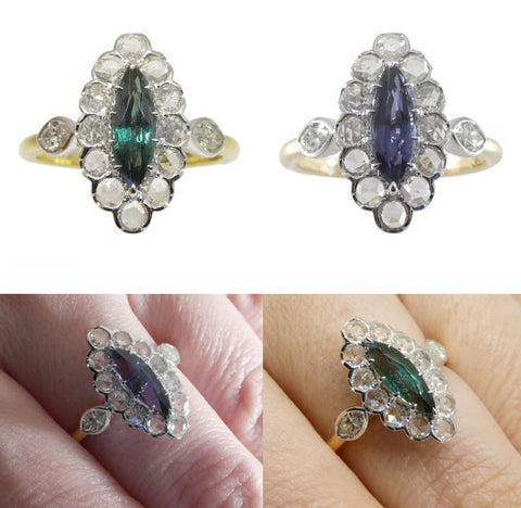 1.32 ct Alexandrite Diamond Cocktail Ring set in 18kt White and Yellow Gold, GIA Certified Blue-Green to Purple