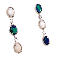 Black and White Opal Earrings set with Diamonds in 14k White Gold