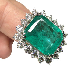 Custom 30ct Emerald with GIA Certified 40 pointers in halo convertible ring