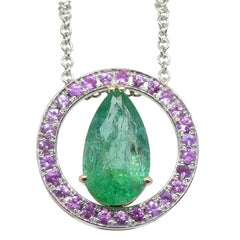 3.55ct Emerald, Pink Sapphire Pendant set in 14k White and Yellow Gold