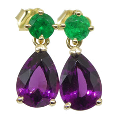 Rhodolite Garnet and Emerald Earrings set in 14k Yellow Gold