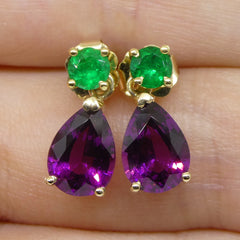 Rhodolite Garnet and Emerald Earrings set in 14k Yellow Gold