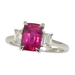 Vivid Red 2.13ct Ruby & Diamond Three Stone Ring set in Platinum, GIA Certified Mozambique