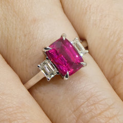 Vivid Red 2.13ct Ruby & Diamond Three Stone Ring set in Platinum, GIA Certified Mozambique