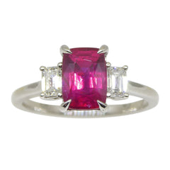 Vivid Red 2.13ct Ruby & Diamond Three Stone Ring set in Platinum, GIA Certified Mozambique