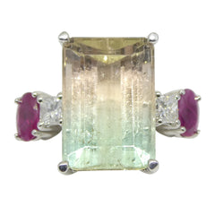 11.11ct Bi Color Tourmaline, Ruby and Diamond Ring set in 14k White Gold