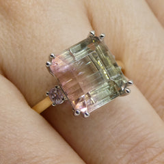 7.85ct Bi Color Tourmaline, Pink & Green Diamond Ring set in 14k White Gold
