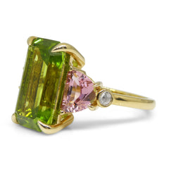 6.62ct Peridot, Pink Tourmaline & Diamond Ring set in 14k Yellow Gold