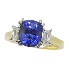 3.85ct Sapphire & Diamond Three Stone Ring set in 18k Yellow & White Gold, GIA Certified Madagascar Unheated