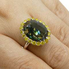 6.48ct Blue-Green Rose Cut Sapphire & Yellow Diamond Halo Ring set in 14k White Gold, custom designed and manufactured by David Saad/Skyjems.ca