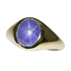 4.48ct Blue Star Sapphire Signet Pinky Ring set in 14k Yellow Gold, custom designed and manufactured by David Saad/Skyjems.ca
