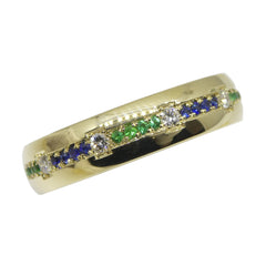 0.55ct Blue Sapphire, Emerald, Diamond Starry Sky Band Ring set in 14k Yellow Gold, custom designed and manufactured by David Saad/Skyjems.ca