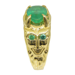 3.07ct Emerald Devil Mask Ring set in 14k Yellow Gold, custom designed and manufactured by David Saad/Skyjems.ca