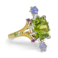 7.73ct Peridot, Sapphire, Ruby & Diamond Cocktail Ring set in 14k Yellow and White Gold, custom designed and manufactured by David Saad/Skyjems.ca