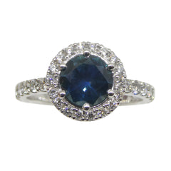 1.33ct Round Teal Blue Sapphire, Diamond Halo Engagement Ring set in 18k White Gold, IGI Certified, custom designed and manufactured by David Saad/Skyjems.ca