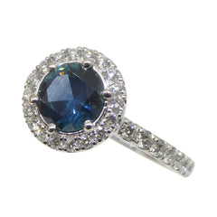 1.33ct Round Teal Blue Sapphire, Diamond Halo Engagement Ring set in 18k White Gold, IGI Certified, custom designed and manufactured by David Saad/Skyjems.ca