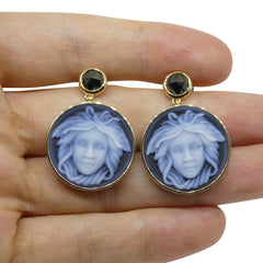 Black Agate Medusa Cameo Earrings with Rose Cut Black Diamonds set in 14k Yellow Gold, custom designed and manufactured by David Saad/Skyjems.ca