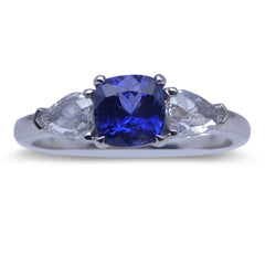 1.28 ct GIA Certified Unheated Sapphire and Rose Cut Diamond Three Stone Ring set in 18kt White Gold