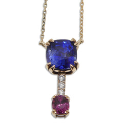 1.75ct Blue Sapphire and Ruby Pendant set with Diamonds set in 18kt Pink Gold custom designed and manufactured by David Saad of Skyjems.ca