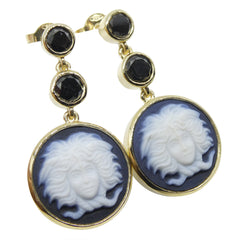 Agate Medusa Cameo Earrings with Black Diamonds set in 10kt Yellow Gold