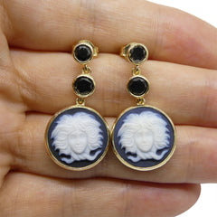 Agate Medusa Cameo Earrings with Black Diamonds set in 10kt Yellow Gold