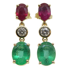 4.18ct Emerald, 2.19ct Ruby and 0.31ct Diamond Earrings in 14kt Yellow Gold