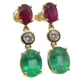 4.18ct Emerald, 2.19ct Ruby and 0.31ct Diamond Earrings in 14kt Yellow Gold