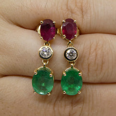 4.18ct Emerald, 2.19ct Ruby and 0.31ct Diamond Earrings in 14kt Yellow Gold