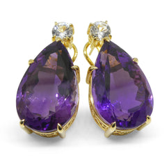 36.50ct Amethyst and White Sapphire Omega Back Earrings set in 14kt Yellow Gold with Certificate, custom designed and manufactured by David Saad/Skyjems.ca