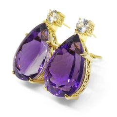 36.50ct Amethyst and White Sapphire Omega Back Earrings set in 14kt Yellow Gold with Certificate, custom designed and manufactured by David Saad/Skyjems.ca