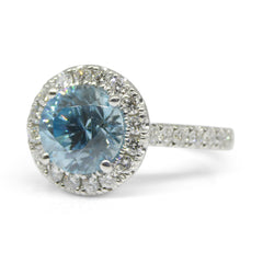 2.91ct Brilliant Cut Round Blue Zircon with a Diamond Halo set in a 14k White Gold Engagement Ring