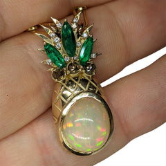 Opal Pineapple Pendant with Emeralds and Rose Cut Diamonds set in 14kt Yellow Gold