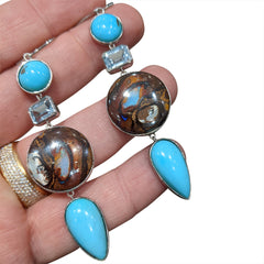 Turquoise, Boulder Opal and Aquamarine Drop Earrings set in Sterling Silver