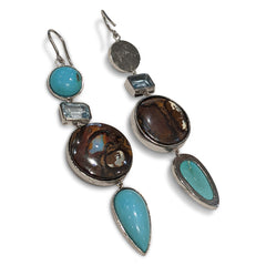 Turquoise, Boulder Opal and Aquamarine Drop Earrings set in Sterling Silver