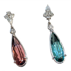 Pink and Blue Tourmaline Diamond Earrings set in 14k White Gold