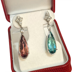 Pink and Blue Tourmaline Diamond Earrings set in 14k White Gold