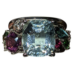Aquamarine, Garnet, Tourmaline and Diamond Family Ring